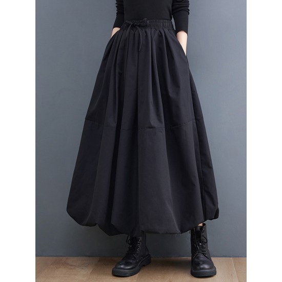 Urban Loose Drawstring High Waisted Black Bubble Skirt