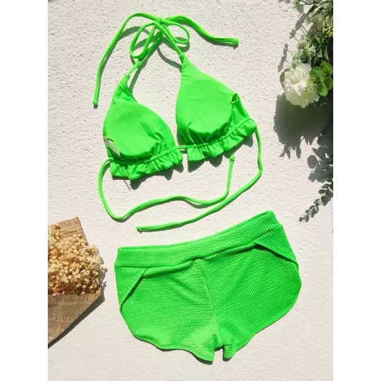 Padded Solid Color Halterneck Bikini Swimsuit Two Pieces Set