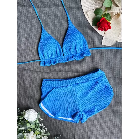 Padded Solid Color Halterneck Bikini Swimsuit Two Pieces Set