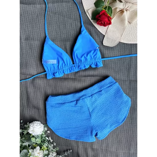 Padded Solid Color Halterneck Bikini Swimsuit Two Pieces Set