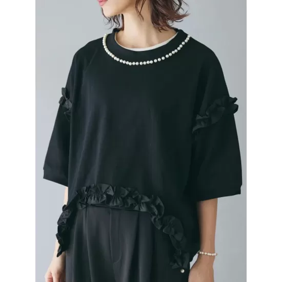 Beaded Ruffled Solid Color Half Sleeves Round-Neck T-Shirts Tops&Pants Two Pieces Set