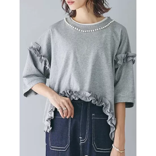 Beaded Ruffled Solid Color Half Sleeves Round-Neck T-Shirts Tops&Pants Two Pieces Set