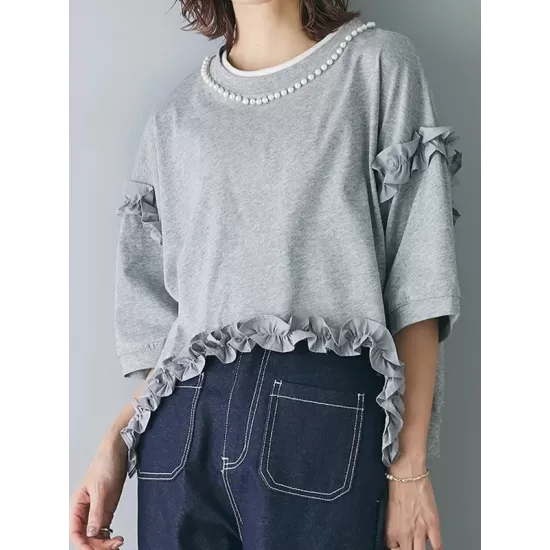 Beaded Ruffled Solid Color Half Sleeves Round-Neck T-Shirts Tops&Pants Two Pieces Set