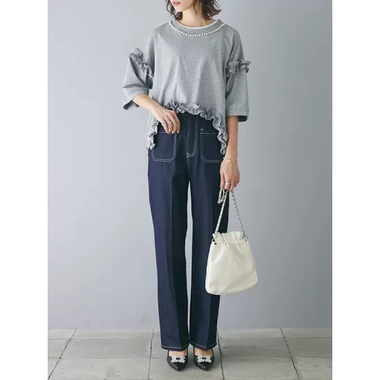 Beaded Ruffled Solid Color Half Sleeves Round-Neck T-Shirts Tops&Pants Two Pieces Set