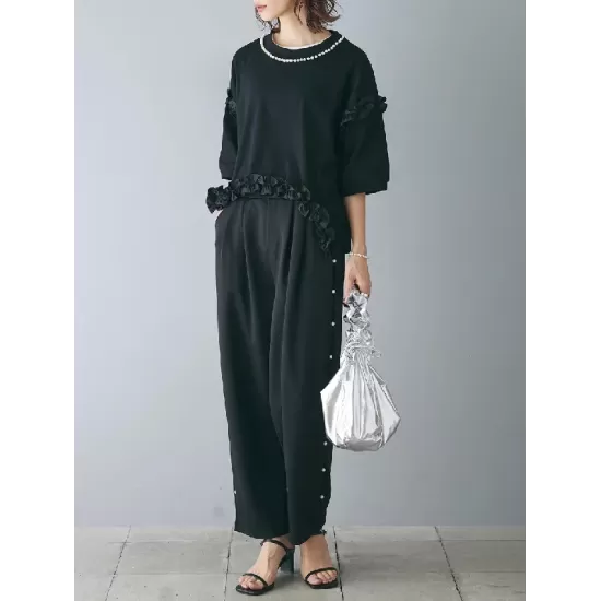 Beaded Ruffled Solid Color Half Sleeves Round-Neck T-Shirts Tops&Pants Two Pieces Set