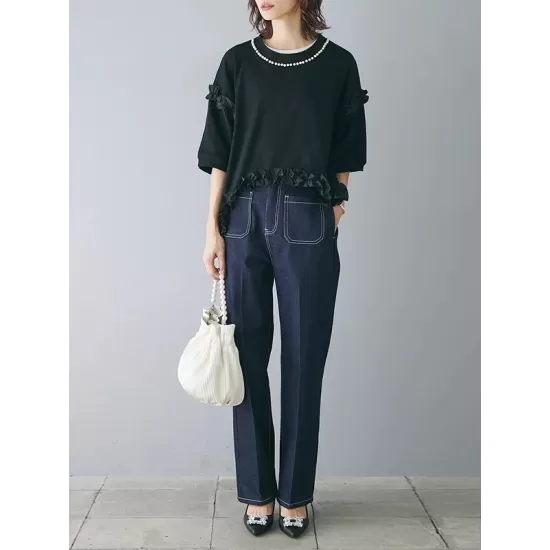 Beaded Ruffled Solid Color Half Sleeves Round-Neck T-Shirts Tops&Pants Two Pieces Set