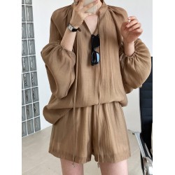 Casual Loose Solid Color Puff Sleeves Blouse&Wide Leg Shorts Two Pieces Set