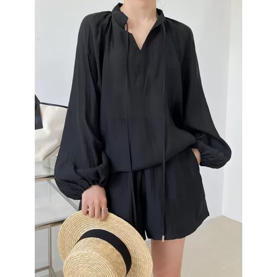 Casual Loose Solid Color Puff Sleeves Blouse&Wide Leg Shorts Two Pieces Set