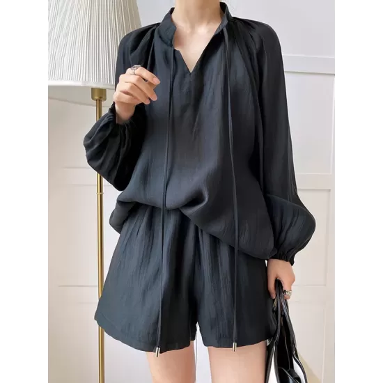 Casual Loose Solid Color Puff Sleeves Blouse&Wide Leg Shorts Two Pieces Set