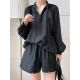 Casual Loose Solid Color Puff Sleeves Blouse&Wide Leg Shorts Two Pieces Set