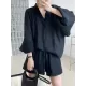 Casual Loose Solid Color Puff Sleeves Blouse&Wide Leg Shorts Two Pieces Set