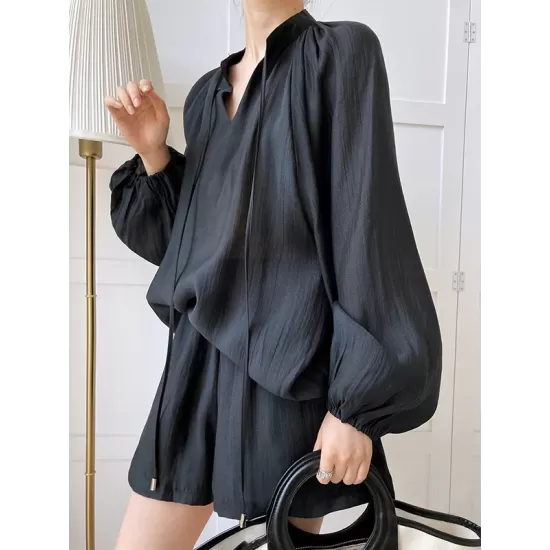 Casual Loose Solid Color Puff Sleeves Blouse&Wide Leg Shorts Two Pieces Set