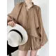 Casual Loose Solid Color Puff Sleeves Blouse&Wide Leg Shorts Two Pieces Set