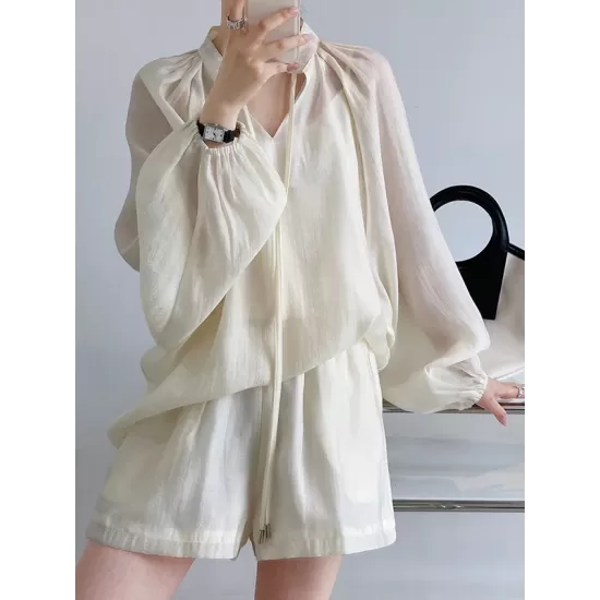 Casual Loose Solid Color Puff Sleeves Blouse&Wide Leg Shorts Two Pieces Set