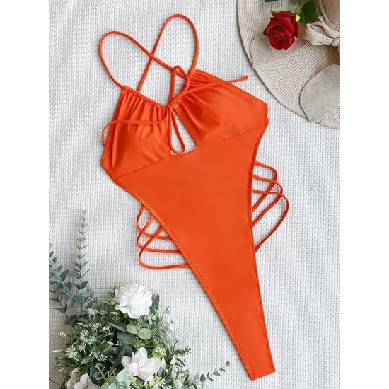 Padded Hollow Solid Color One-Piece Swimwear & Skirts Two Pieces Set