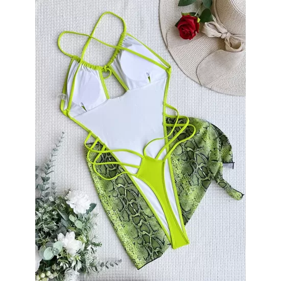 Padded Hollow Solid Color One-Piece Swimwear & Skirts Two Pieces Set