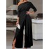 Solid Color One-Shoulder Long Sleeves T-Shirt + High-Waisted Wide Leg Pants Trousers Two Pieces Set