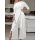 Solid Color One-Shoulder Long Sleeves T-Shirt + High-Waisted Wide Leg Pants Trousers Two Pieces Set