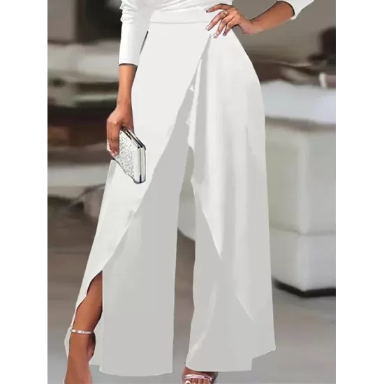 Solid Color One-Shoulder Long Sleeves T-Shirt + High-Waisted Wide Leg Pants Trousers Two Pieces Set