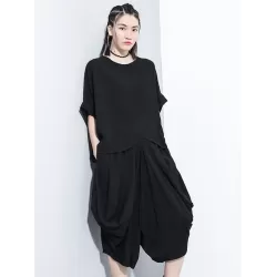 Loose Solid Color Round-Neck Short Sleeves  Tops+ Elasticity Pleated Cropped Pants Two Pieces Set