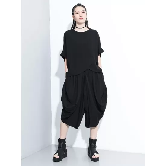 Loose Solid Color Round-Neck Short Sleeves  Tops+ Elasticity Pleated Cropped Pants Two Pieces Set