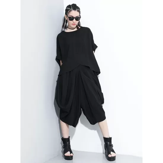 Loose Solid Color Round-Neck Short Sleeves  Tops+ Elasticity Pleated Cropped Pants Two Pieces Set