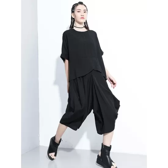 Loose Solid Color Round-Neck Short Sleeves  Tops+ Elasticity Pleated Cropped Pants Two Pieces Set