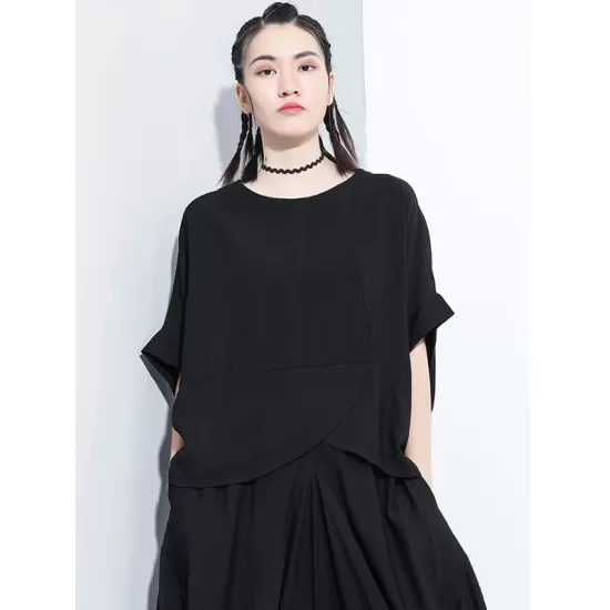 Loose Solid Color Round-Neck Short Sleeves  Tops+ Elasticity Pleated Cropped Pants Two Pieces Set