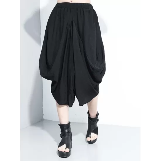 Loose Solid Color Round-Neck Short Sleeves  Tops+ Elasticity Pleated Cropped Pants Two Pieces Set