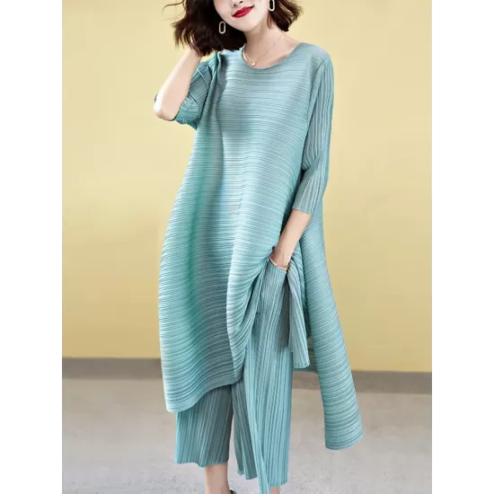 Casual Loose Three-Quarter Sleeves Pleated Solid Color T-Shirt&Pants Two Pieces Set