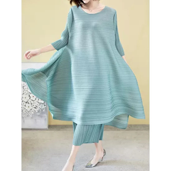 Casual Loose Three-Quarter Sleeves Pleated Solid Color T-Shirt&Pants Two Pieces Set