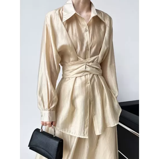 Solid Color Long Sleeves Tied Waist Blouse + Loose Elasticity Waist Skirt Two Pieces Set