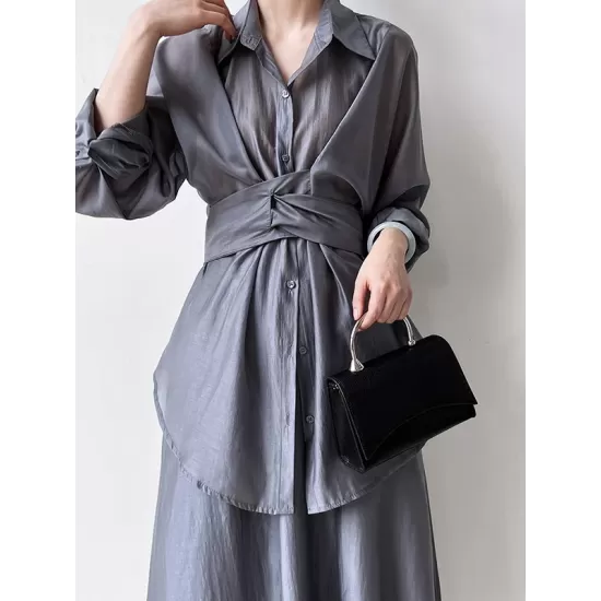 Solid Color Long Sleeves Tied Waist Blouse + Loose Elasticity Waist Skirt Two Pieces Set