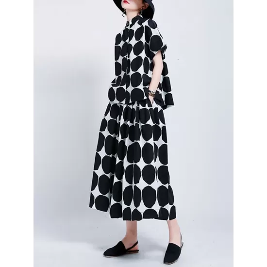 Mock Neck Buttoned Pockets Polka-Dot Blouses Top + A-Line High Waisted Skirts Bottom Two Pieces Set