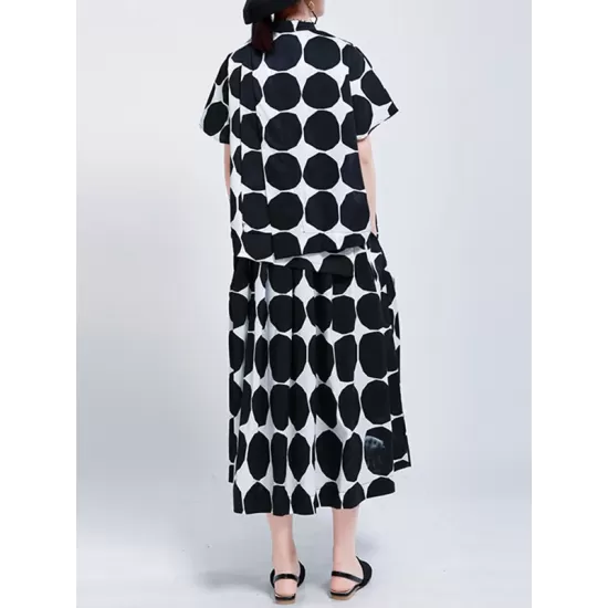 Mock Neck Buttoned Pockets Polka-Dot Blouses Top + A-Line High Waisted Skirts Bottom Two Pieces Set