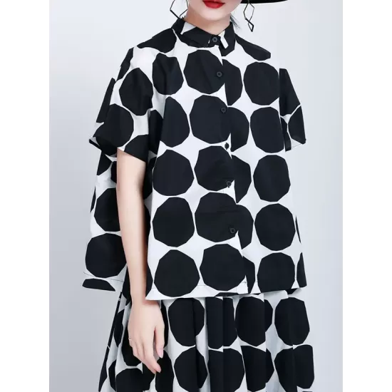 Mock Neck Buttoned Pockets Polka-Dot Blouses Top + A-Line High Waisted Skirts Bottom Two Pieces Set