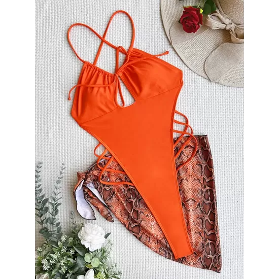 Padded Hollow Solid Color One-Piece Swimwear & Skirts Two Pieces Set