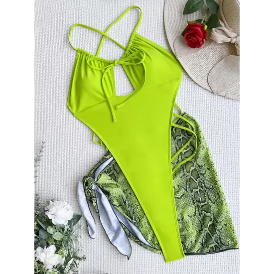 Padded Hollow Solid Color One-Piece Swimwear & Skirts Two Pieces Set