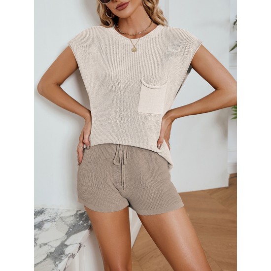 Loose Solid Color Knitting Short Sleeves T-Shirt + Shorts Two Pieces Set