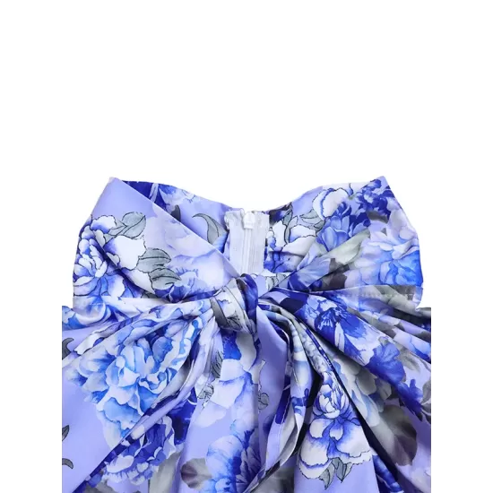 Long Sleeves Floral Printed Blouse + Split-Back Solid Color Skirt Two Pieces Set