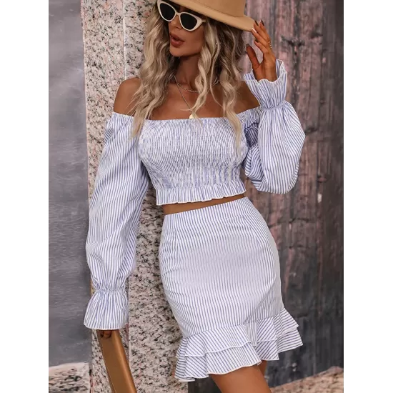 Casual A-Line Striped Off-The-Shoulder Two Pieces Set