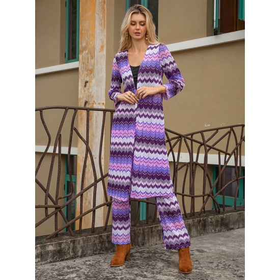 Vacation Loose Long Sleeves Plain Striped Two Pieces Set