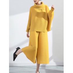 Simple Loose Long Sleeves Pleated Solid Color High-Neck T-Shirt Top&Wide Legs Pants Two Pieces Set