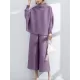 Simple Loose Long Sleeves Pleated Solid Color High-Neck T-Shirt Top&Wide Legs Pants Two Pieces Set