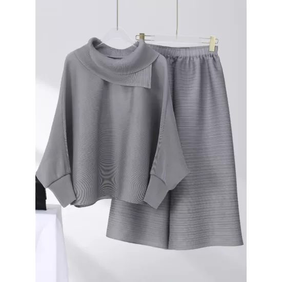 Simple Loose Long Sleeves Pleated Solid Color High-Neck T-Shirt Top&Wide Legs Pants Two Pieces Set