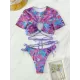 Asymmetric Hollow Tie-Dyed Round-Neck Bikini Swimsuit Two Pieces Set