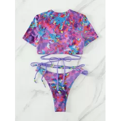 Asymmetric Hollow Tie-Dyed Round-Neck Bikini Swimsuit Two Pieces Set