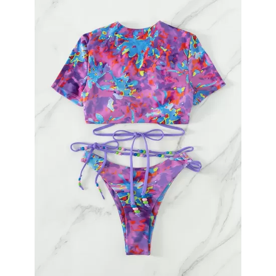 Asymmetric Hollow Tie-Dyed Round-Neck Bikini Swimsuit Two Pieces Set