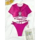 Asymmetric Hollow Solid Color Round-Neck Bikini Swimsuit Two Pieces Set