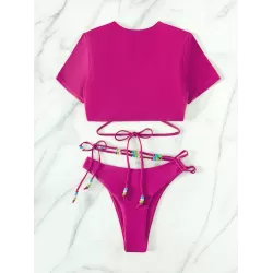 Asymmetric Hollow Solid Color Round-Neck Bikini Swimsuit Two Pieces Set